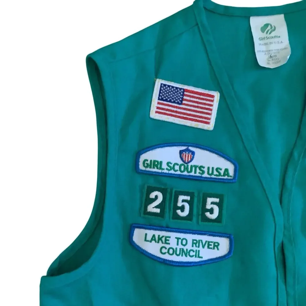 Youth Vintage Girl Scouts Green Vest with Patches And Pins Size M Made In USA